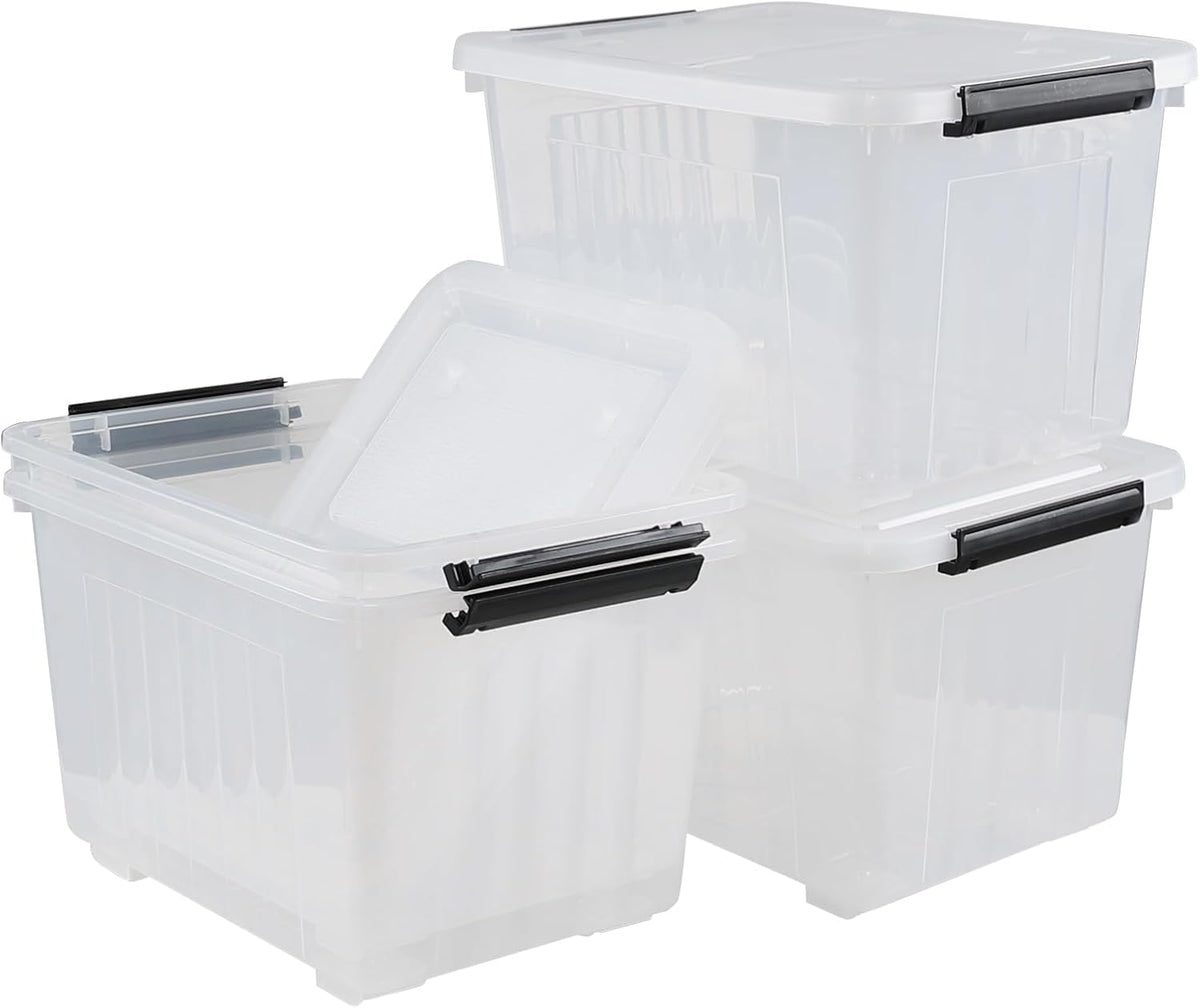 Set of 4 Plastic Storage Box on Wheels, 32 Quart Latch Storage Container Bin, Clear