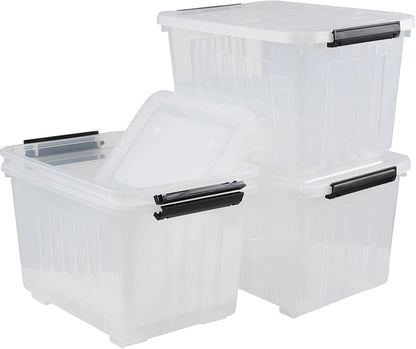 Set of 4 Plastic Storage Box on Wheels, 32 Quart Latch Storage Container Bin, Clear