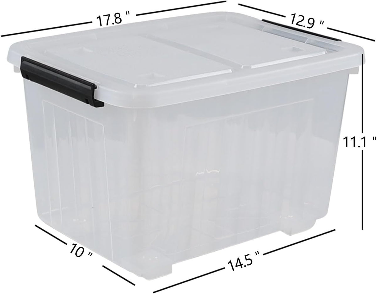 Set of 4 Plastic Storage Box on Wheels, 32 Quart Latch Storage Container Bin, Clear