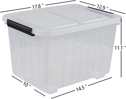 Set of 4 Plastic Storage Box on Wheels, 32 Quart Latch Storage Container Bin, Clear