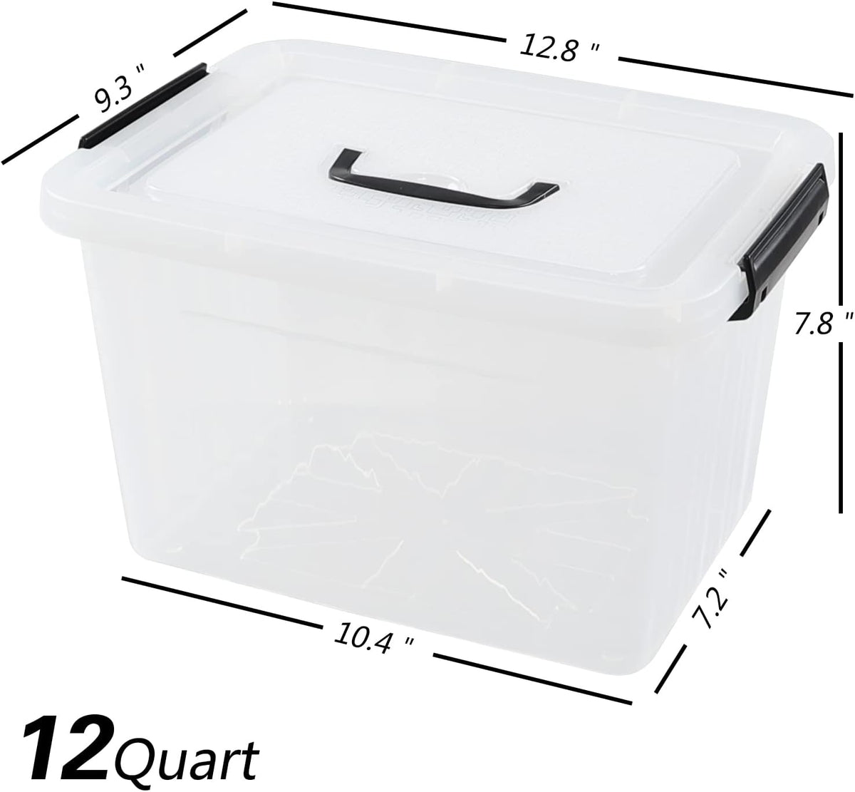 4 Pack 12 Quart Latching Storage Box with Handle, Clear Lidded Tote Bin