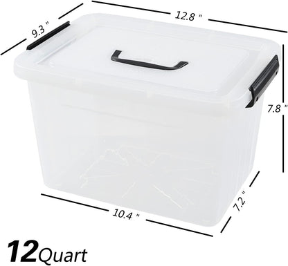4 Pack 12 Quart Latching Storage Box with Handle, Clear Lidded Tote Bin