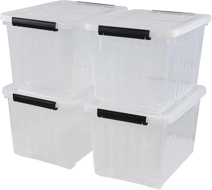 Set of 4 Plastic Storage Box on Wheels, 32 Quart Latch Storage Container Bin, Clear