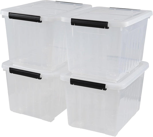 Set of 4 Plastic Storage Box on Wheels, 32 Quart Latch Storage Container Bin, Clear
