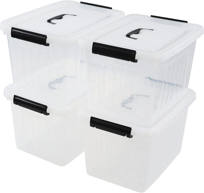 4 Pack 12 Quart Latching Storage Box with Handle, Clear Lidded Tote Bin