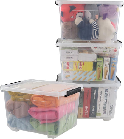 Set of 4 Plastic Storage Box on Wheels, 32 Quart Latch Storage Container Bin, Clear