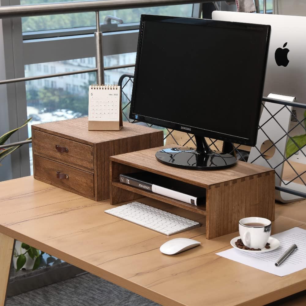 Wood 2 Drawer Desktop Organizer Cabinet - Desk Storage Box for Kitchen Counter, Dresser Tabletop -Wooden File Organizer Printer Machine Stand for Office Accessories Chest Dark (FAX2C-DK）