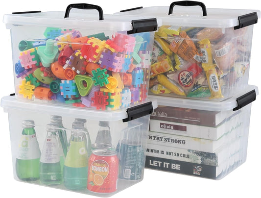 4 Pack 12 Quart Latching Storage Box with Handle, Clear Lidded Tote Bin