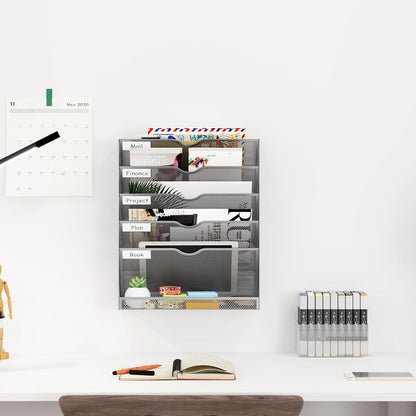 5-Tier Wall File Holder, Mesh Hanging Folder Organizer with Classify Label, Versatile Desk File Organizer for Office Home, Vertical Wall Mounted Mail Sorter, Sides Closed, Silver