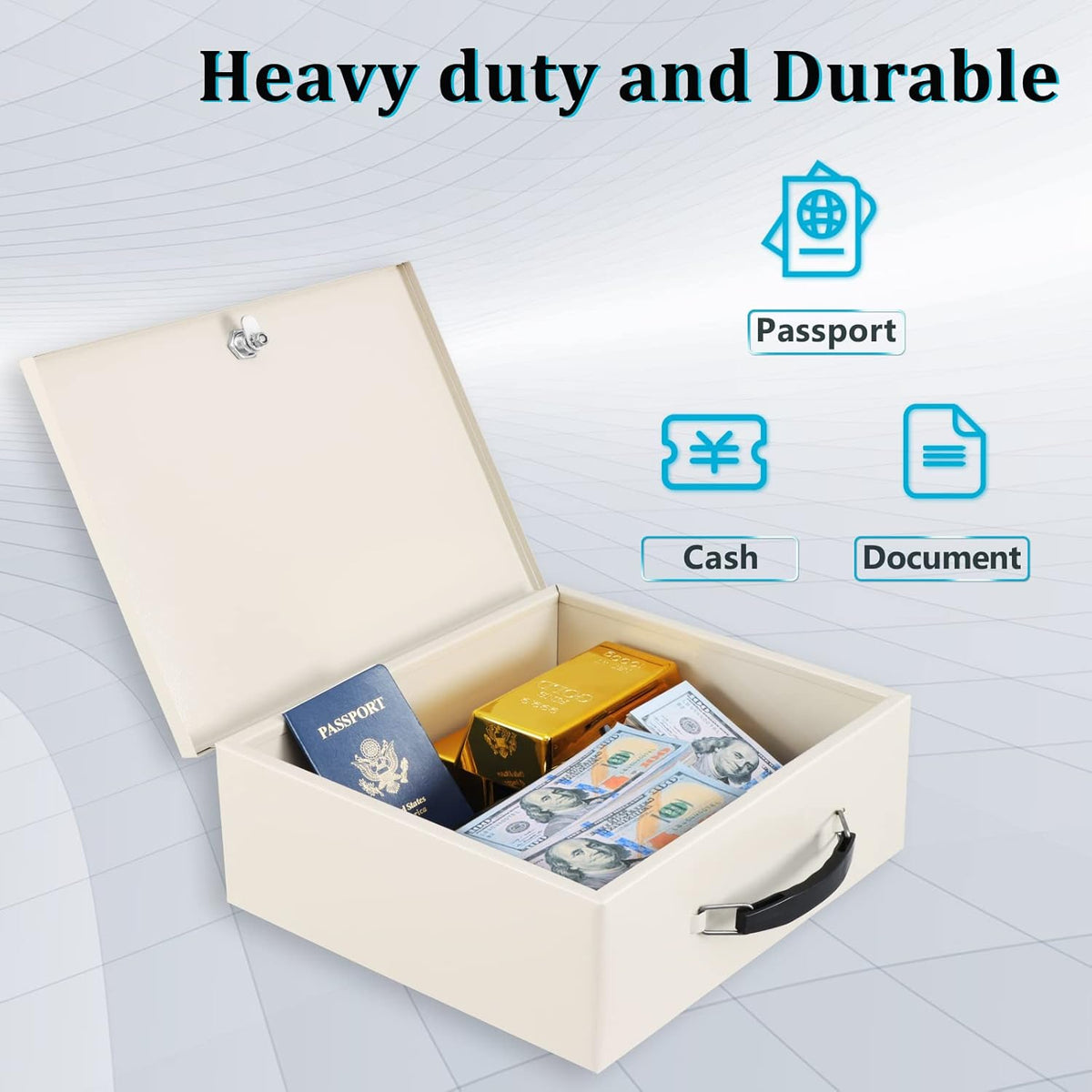 Portable Fire Safe Box with Key Lock, Fire Resistant Metal Lock Box for Documents, Security Strong Storage Box Safety Deposit Box for Home, Outside, Car, XL Large, 13.2”x 11”x 5.1'', Beige