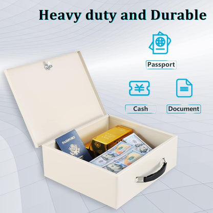 Portable Fire Safe Box with Key Lock, Fire Resistant Metal Lock Box for Documents, Security Strong Storage Box Safety Deposit Box for Home, Outside, Car, XL Large, 13.2”x 11”x 5.1'', Beige