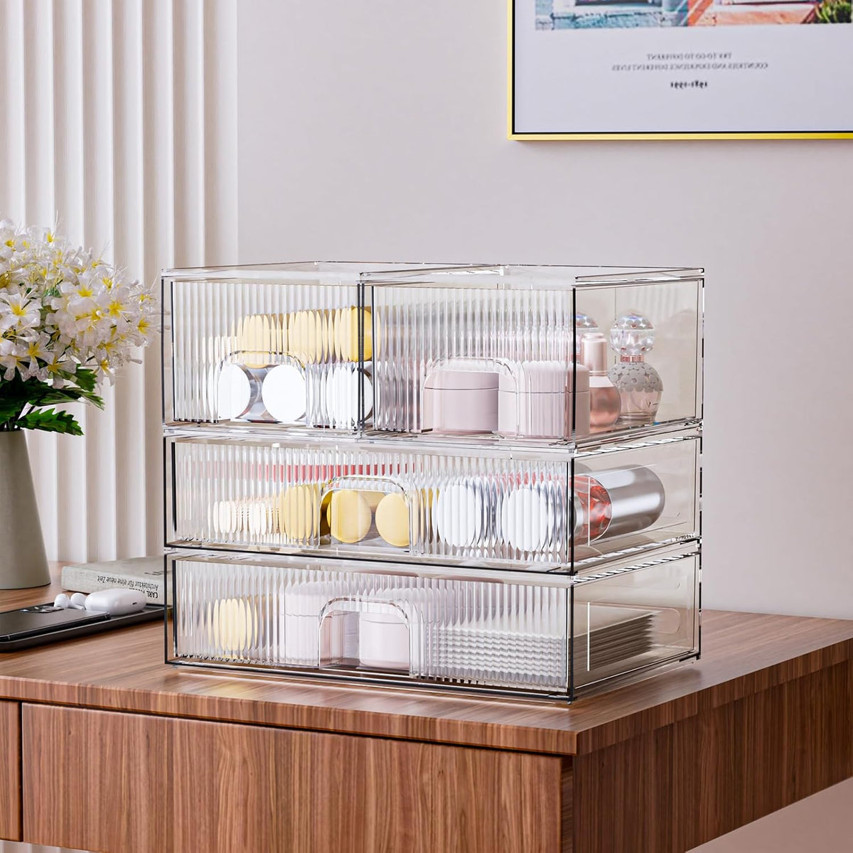 Stackable Storage Box, Acrylic Organizer, Cosmetic Organizer for Cosmetics and Beauty Products for Dressers, Bathrooms, Cabinets, Bedrooms and Home Organization 4 Piece Set