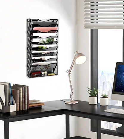Wall File Holder Organizer 10 Tier Mesh Hanging Wall Mounted Document Paper Folder Filing Magazine Rack with Nametag Label for Office Home School, Black