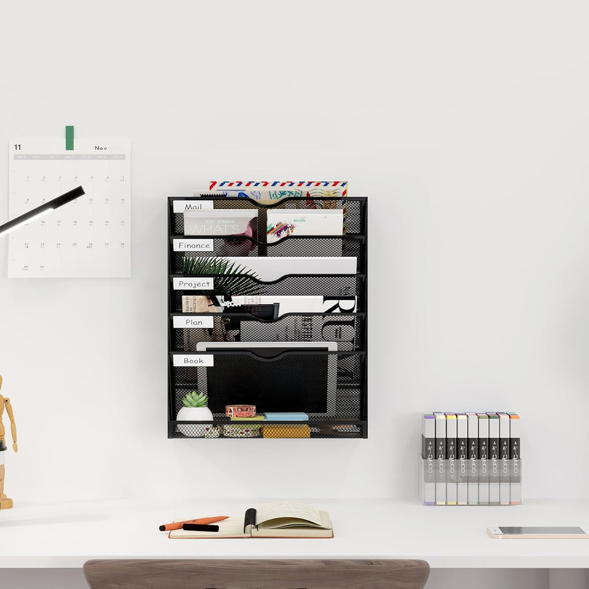 5-Tier Wall File Holder, Mesh Hanging Folder Organizer with Classify Label, Versatile Desk File Organizer for Office Home, Vertical Wall Mounted Mail Sorter, Sides Closed, Black