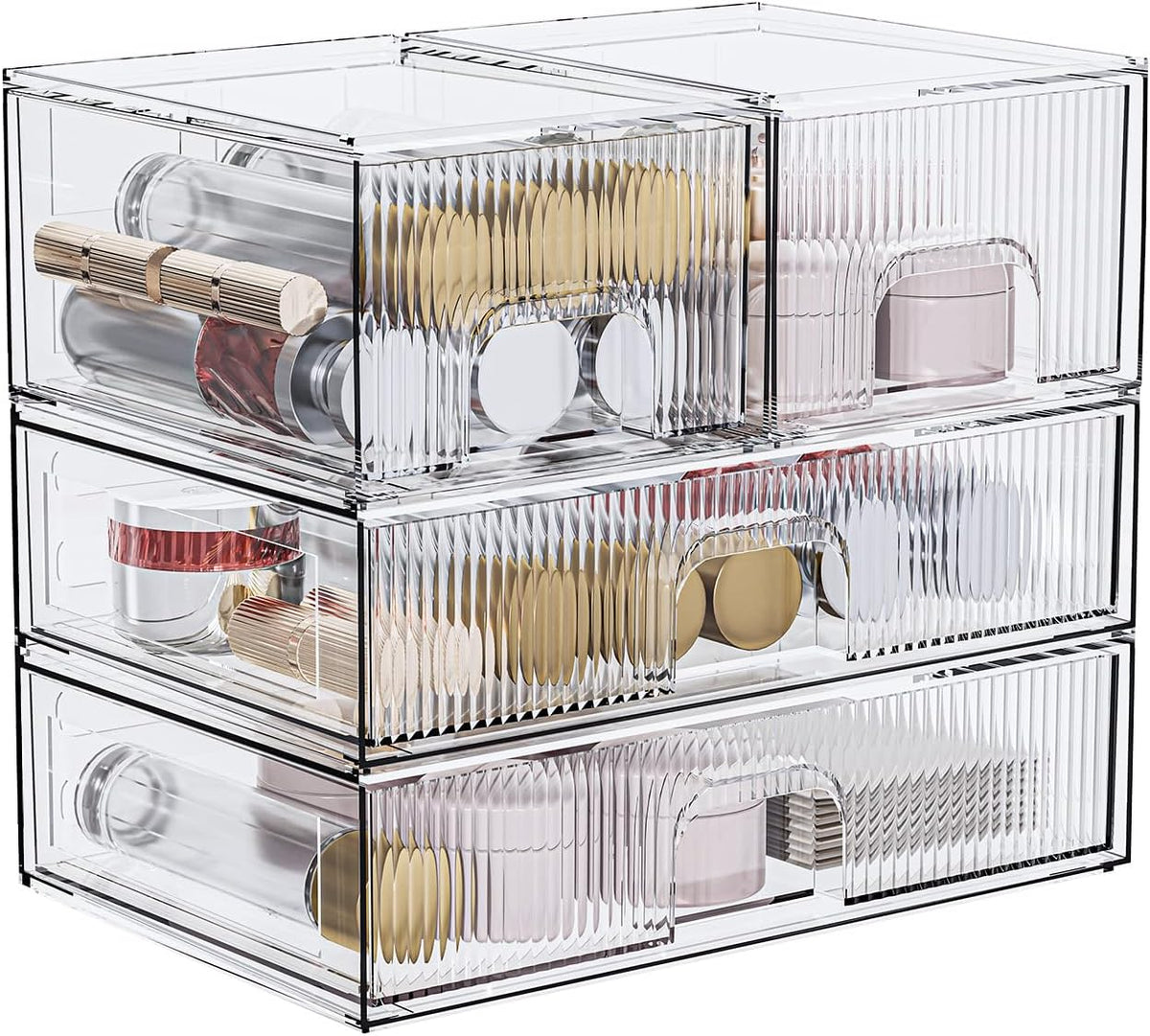 Stackable Storage Box, Acrylic Organizer, Cosmetic Organizer for Cosmetics and Beauty Products for Dressers, Bathrooms, Cabinets, Bedrooms and Home Organization 4 Piece Set