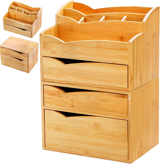 2 Pack Bamboo Desk Organizer, Stackable Desktop Organizers with 3 Drawers, Bamboo Office Tabletop, Countertop Organization for Stationery, Makeup Vanity, Fully Assembled