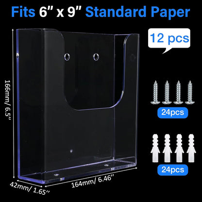 12 Pack Brochure Holder Wall Mount 6 x 9 Inch Clear Flyer Holder Magazine Pamphlet Display Stand Acrylic Wall Organizer Plastic Wall File Holder for Literature Mail Paper Document Rack Display