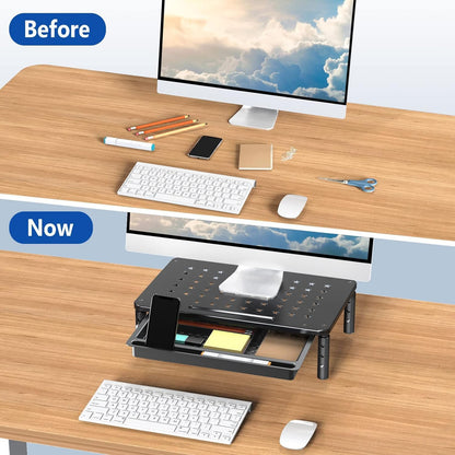 2 Pack Monitor Stand Riser with Drawer - 3 Height Adjustable Metal Monitor Stand with Unique Star Mesh for Computer Laptop Notebook Printer