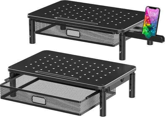 2 Pack Monitor Stand Riser with Metal Drawer, 3 Height Adjustable Monitor Riser with Phone Holder for Printer, Laptop, Premium Metal Computer Monitor Stand with Storage for 2 Monitors