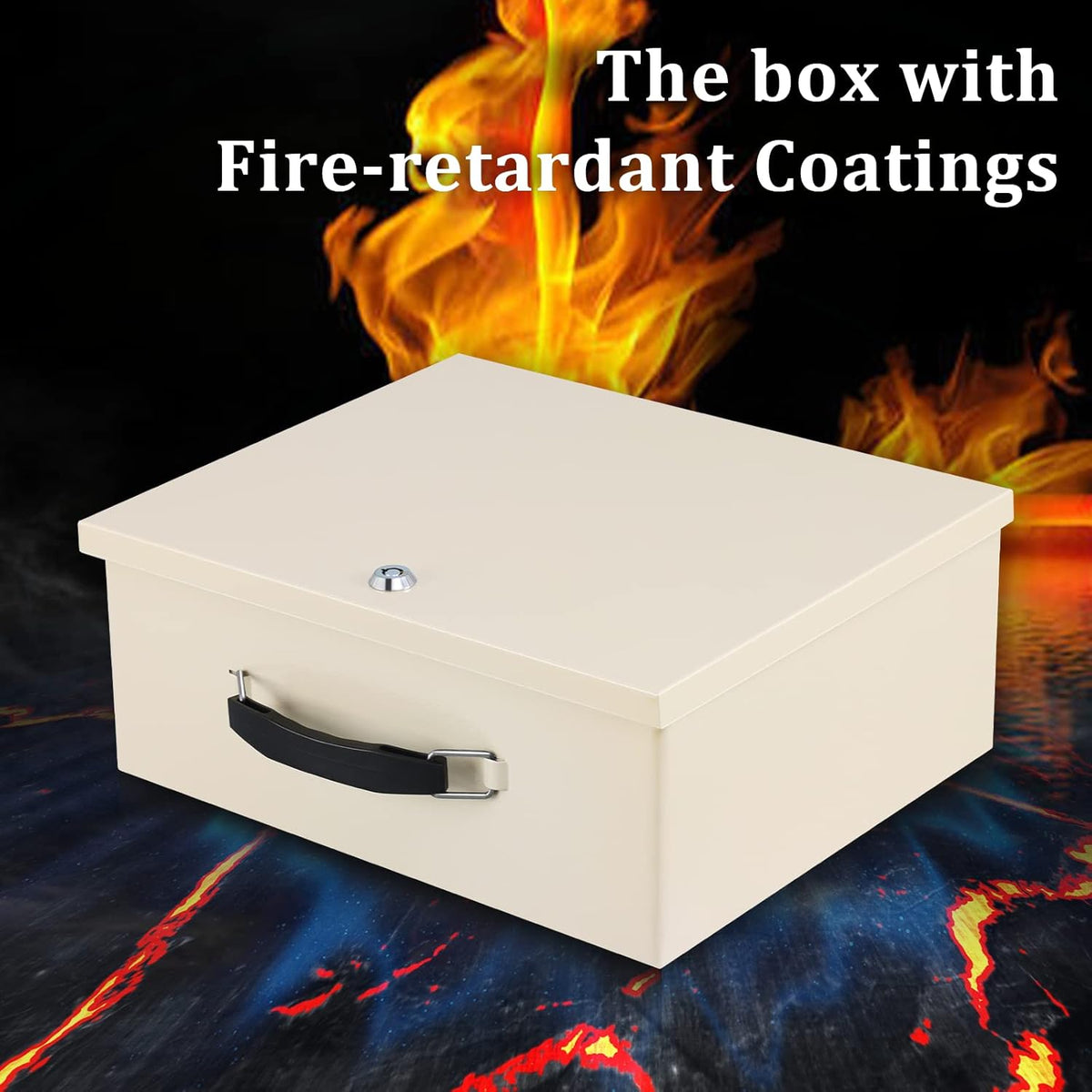 Portable Fire Safe Box with Key Lock, Fire Resistant Metal Lock Box for Documents, Security Strong Storage Box Safety Deposit Box for Home, Outside, Car, XL Large, 13.2”x 11”x 5.1'', Beige