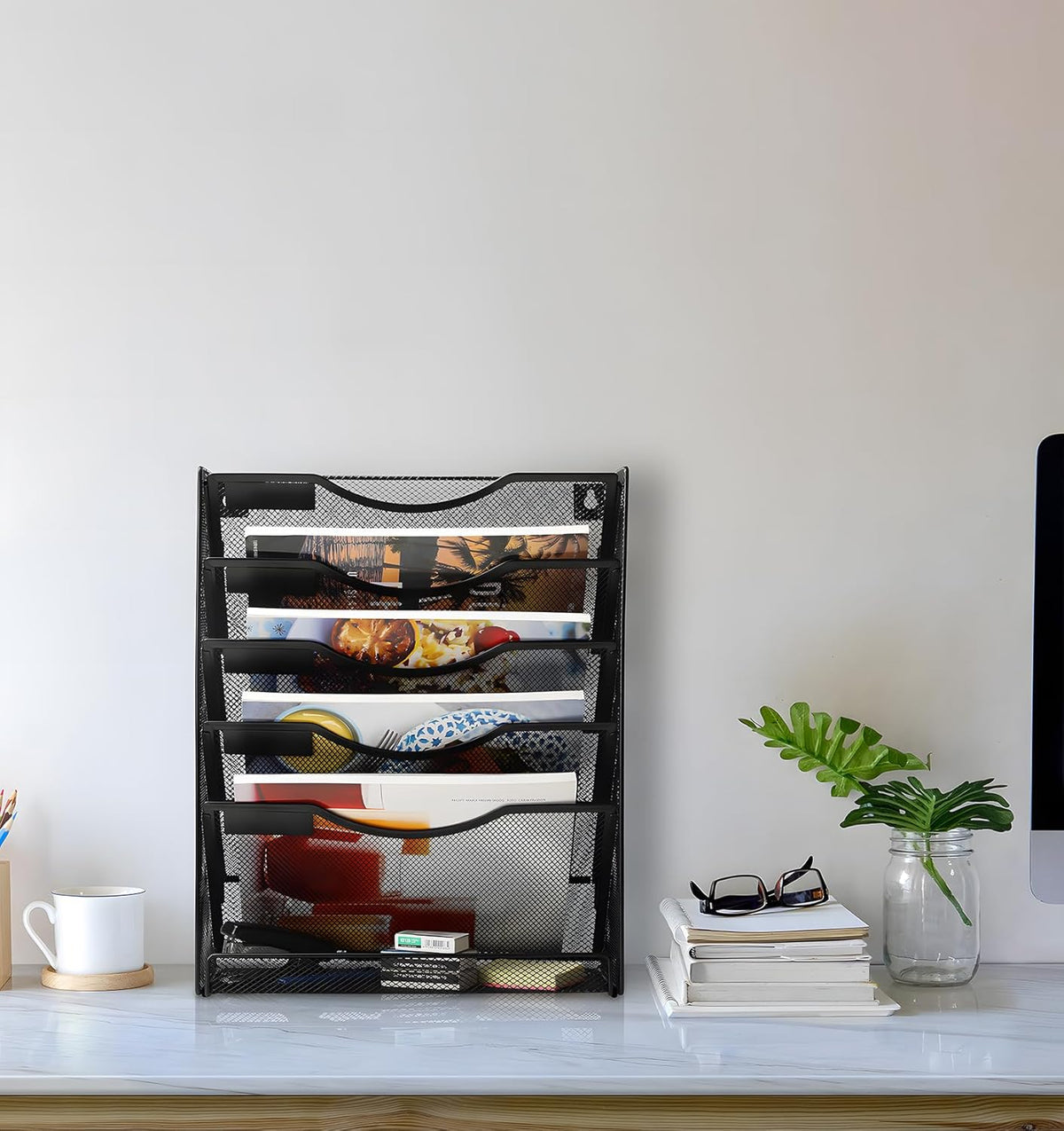 5-Tier Wall File Holder, Mesh Hanging Folder Organizer with Classify Label, Versatile Desk File Organizer for Office Home, Vertical Wall Mounted Mail Paper Sorter, Easy Assembly, 2 Pack Black