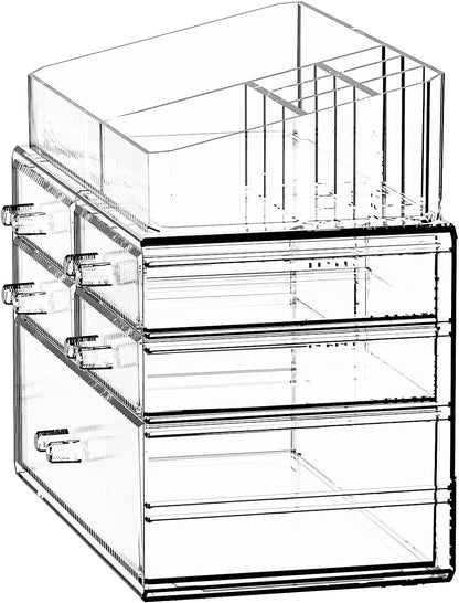 Stackable Organizer, Acrylic Cosmetic Organizer for Dresser, Vanity, Kitchen Cabinet, Bathroom, Under Sink, Home Organization and Storage (1 Top 5 Drawers)