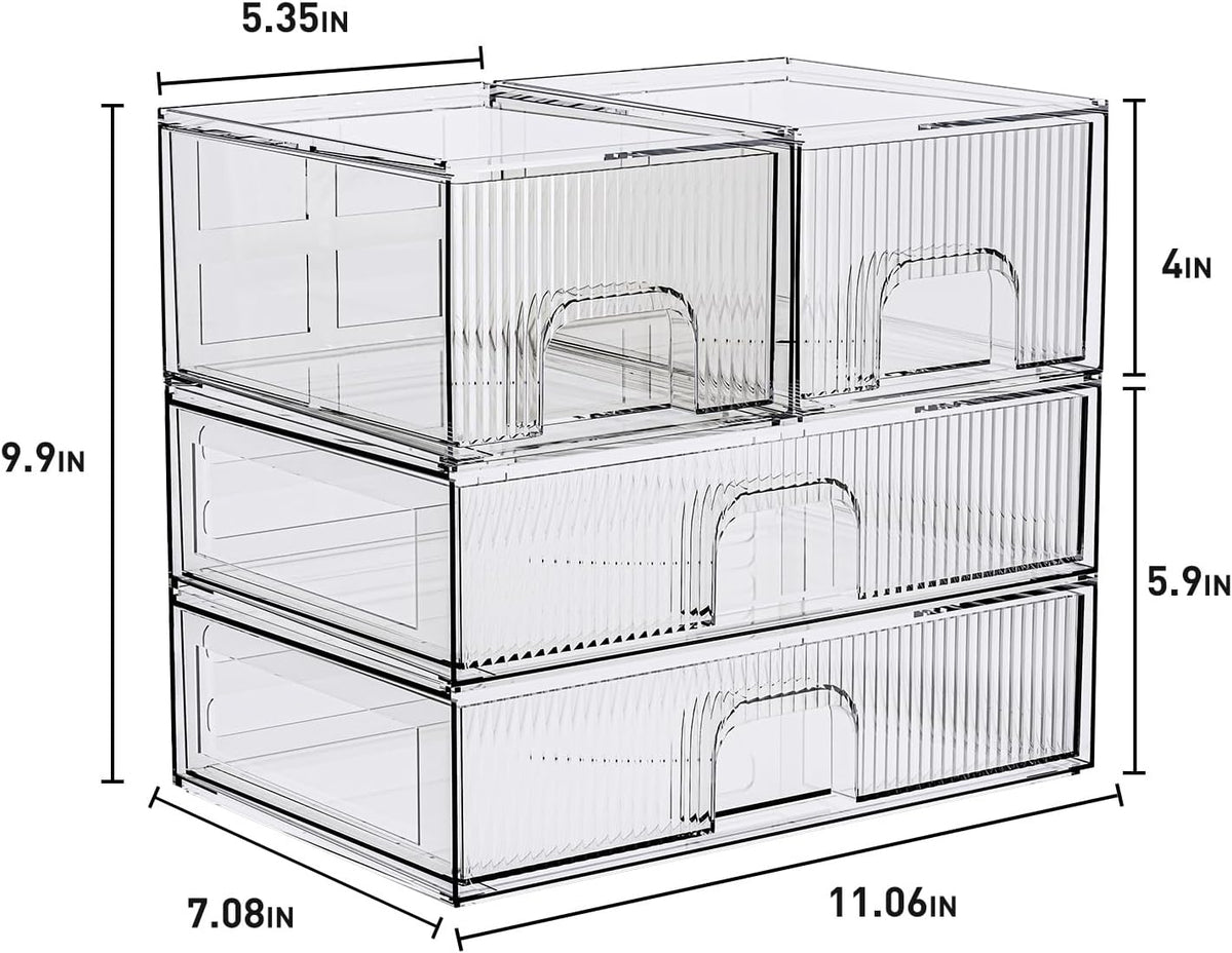 Stackable Storage Box, Acrylic Organizer, Cosmetic Organizer for Cosmetics and Beauty Products for Dressers, Bathrooms, Cabinets, Bedrooms and Home Organization 4 Piece Set