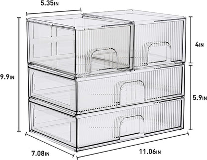 Stackable Storage Box, Acrylic Organizer, Cosmetic Organizer for Cosmetics and Beauty Products for Dressers, Bathrooms, Cabinets, Bedrooms and Home Organization 4 Piece Set