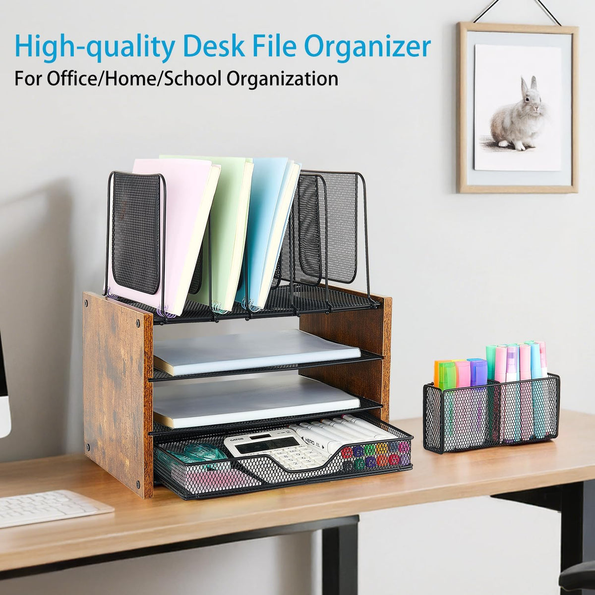 Wood Desk Organizers and Accessories, 4-Tier Workspace Desktop Paper Organizer with Drawer, 5 Vertical File Holders and Pen Holder for Office Supplies