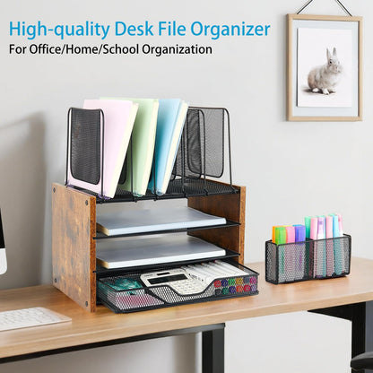 Wood Desk Organizers and Accessories, 4-Tier Workspace Desktop Paper Organizer with Drawer, 5 Vertical File Holders and Pen Holder for Office Supplies