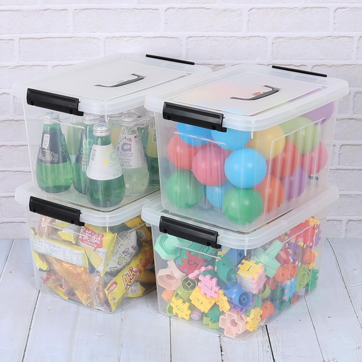 4 Pack 12 Quart Latching Storage Box with Handle, Clear Lidded Tote Bin