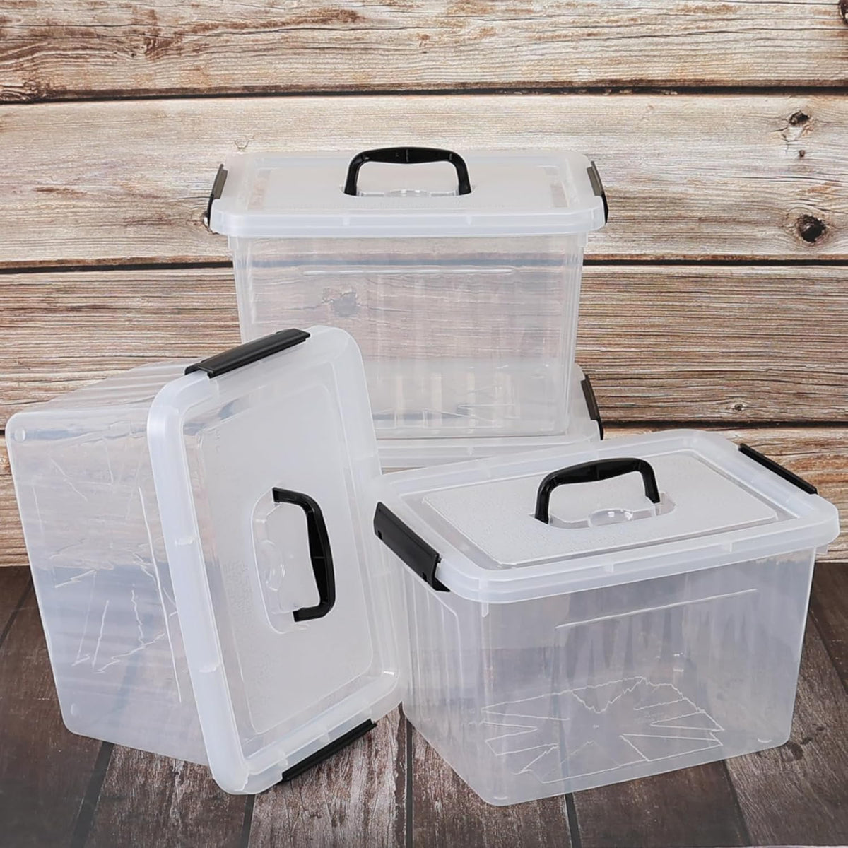 4 Pack 12 Quart Latching Storage Box with Handle, Clear Lidded Tote Bin