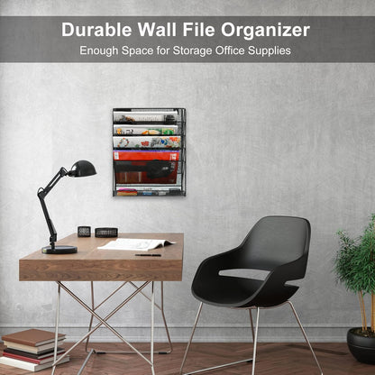 Wall File Holder 5 Tier Vertical Hanging File Organizer Wall Mount Paper Folder Rack with Bottom Flat Tray for Office and Home, Black