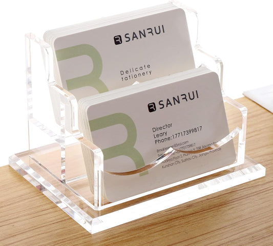 Clear Acrylic 2-Tier Business Card Holder – 2-Slot Desk Organizer for Office, Reception, Trade Shows (Ideal for Men & Women)