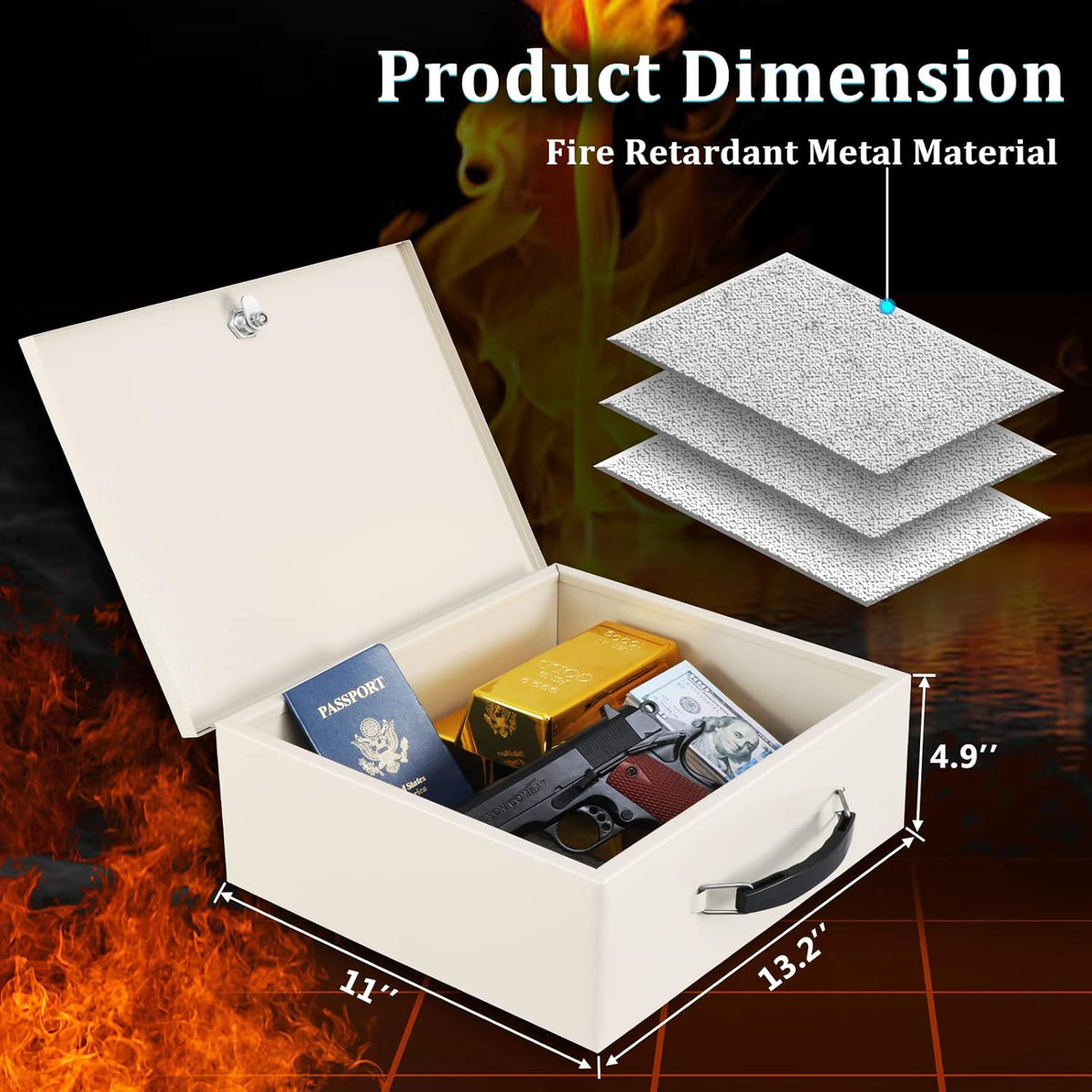 Portable Fire Safe Box with Key Lock, Fire Resistant Metal Lock Box for Documents, Security Strong Storage Box Safety Deposit Box for Home, Outside, Car, XL Large, 13.2”x 11”x 5.1'', Beige