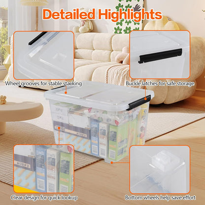 Set of 4 Plastic Storage Box on Wheels, 32 Quart Latch Storage Container Bin, Clear