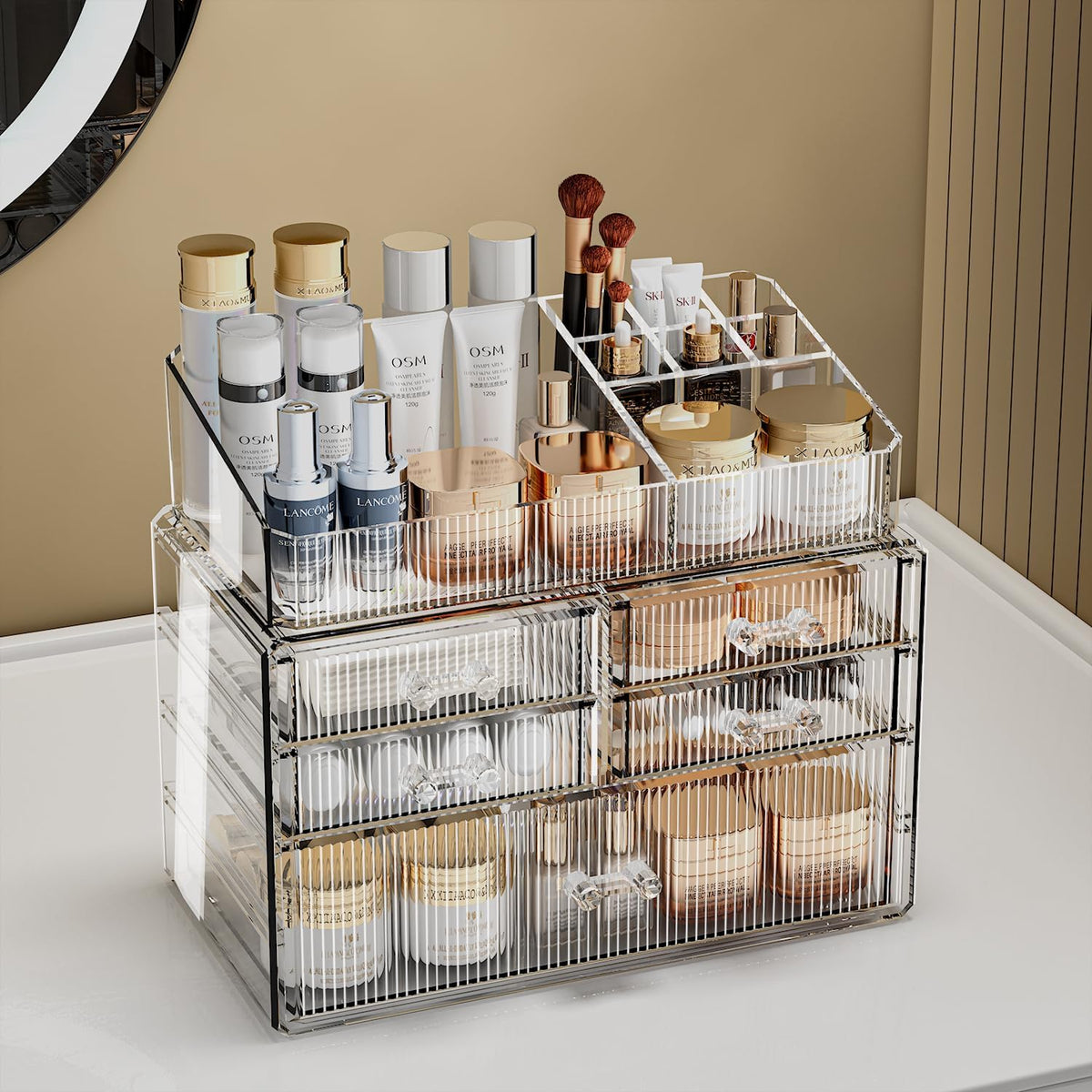 Stackable Organizer, Acrylic Cosmetic Organizer for Dresser, Vanity, Kitchen Cabinet, Bathroom, Under Sink, Home Organization and Storage (1 Top 5 Drawers)