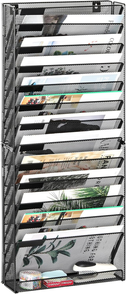 Wall File Holder Organizer 14 Tier Mesh Hanging Wall Mounted Document Paper Folder Filing Magazine Rack with Nametag Label for Office Home School, Black