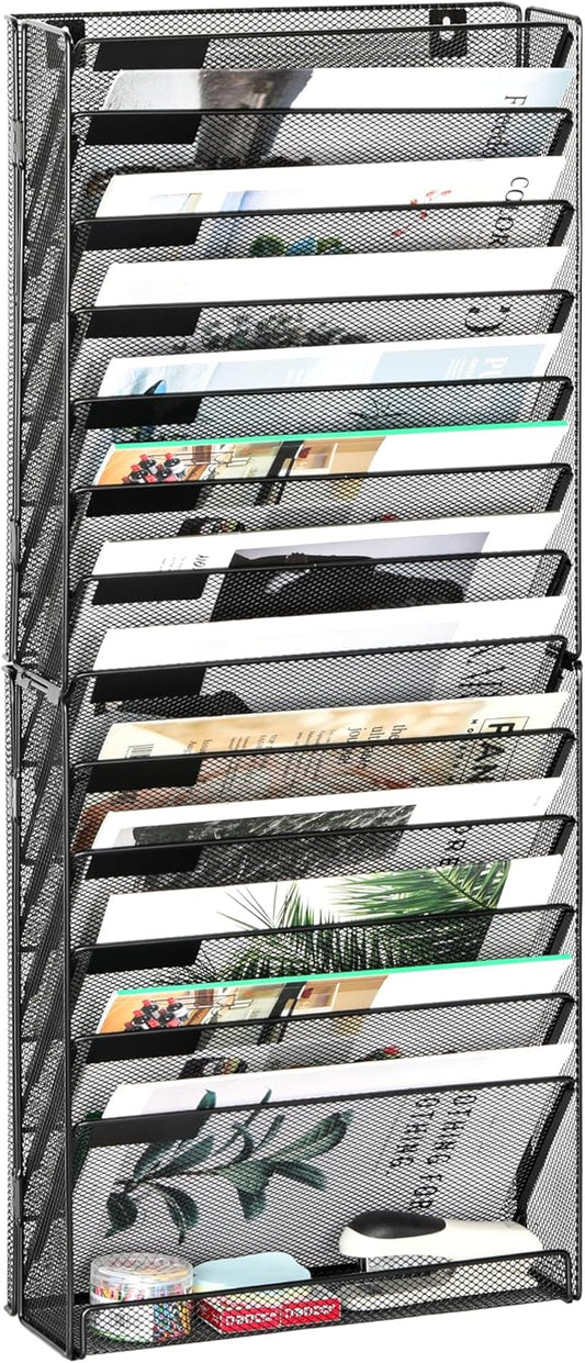 Wall File Holder Organizer 14 Tier Mesh Hanging Wall Mounted Document Paper Folder Filing Magazine Rack with Nametag Label for Office Home School, Black