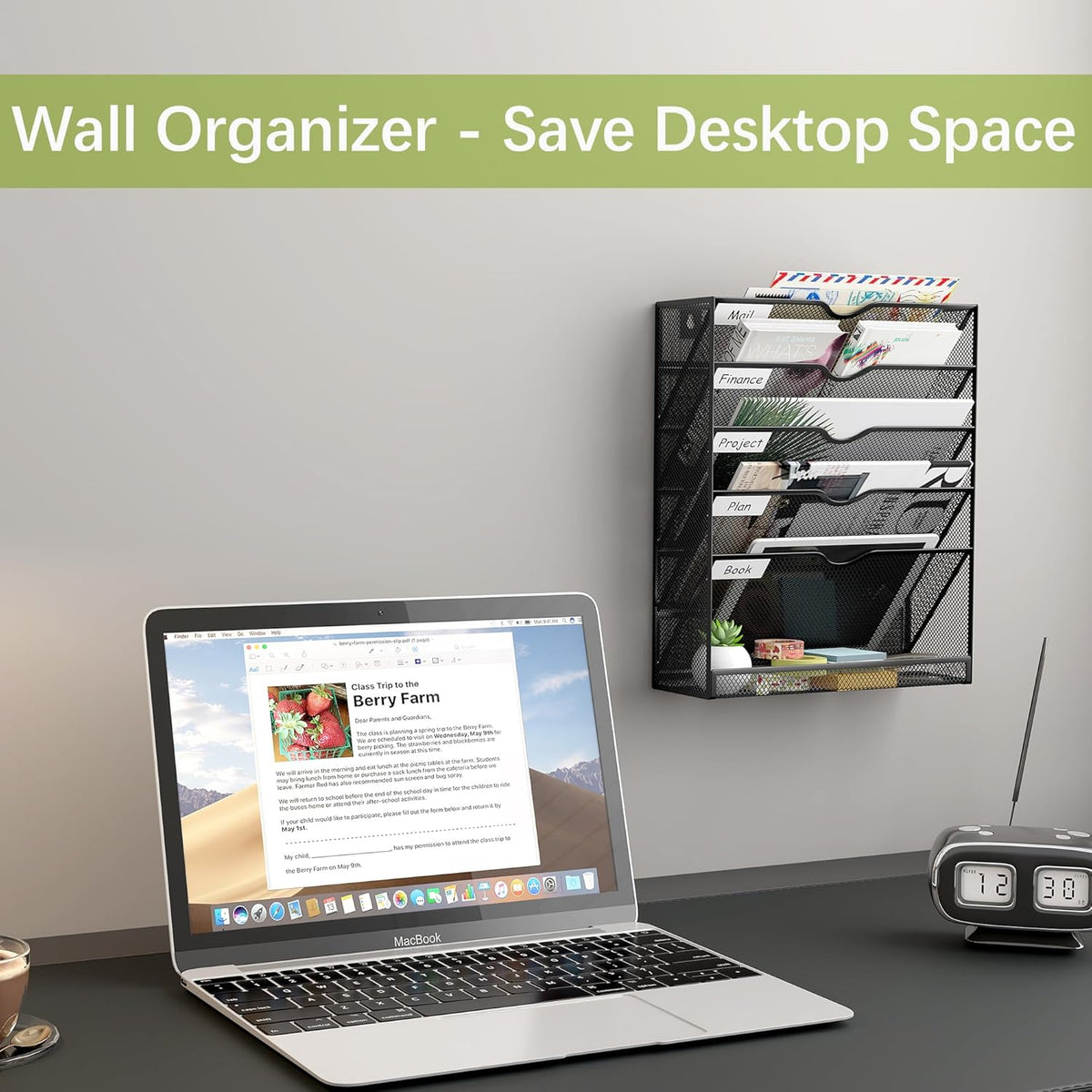 5-Tier Wall File Holder, Mesh Hanging Folder Organizer with Classify Label, Versatile Desk File Organizer for Office Home, Vertical Wall Mounted Mail Sorter, Sides Closed, Black