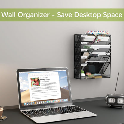 5-Tier Wall File Holder, Mesh Hanging Folder Organizer with Classify Label, Versatile Desk File Organizer for Office Home, Vertical Wall Mounted Mail Sorter, Sides Closed, Black
