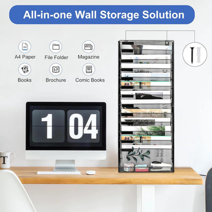 Wall File Holder Organizer 14 Tier Mesh Hanging Wall Mounted Document Paper Folder Filing Magazine Rack with Nametag Label for Office Home School, Black