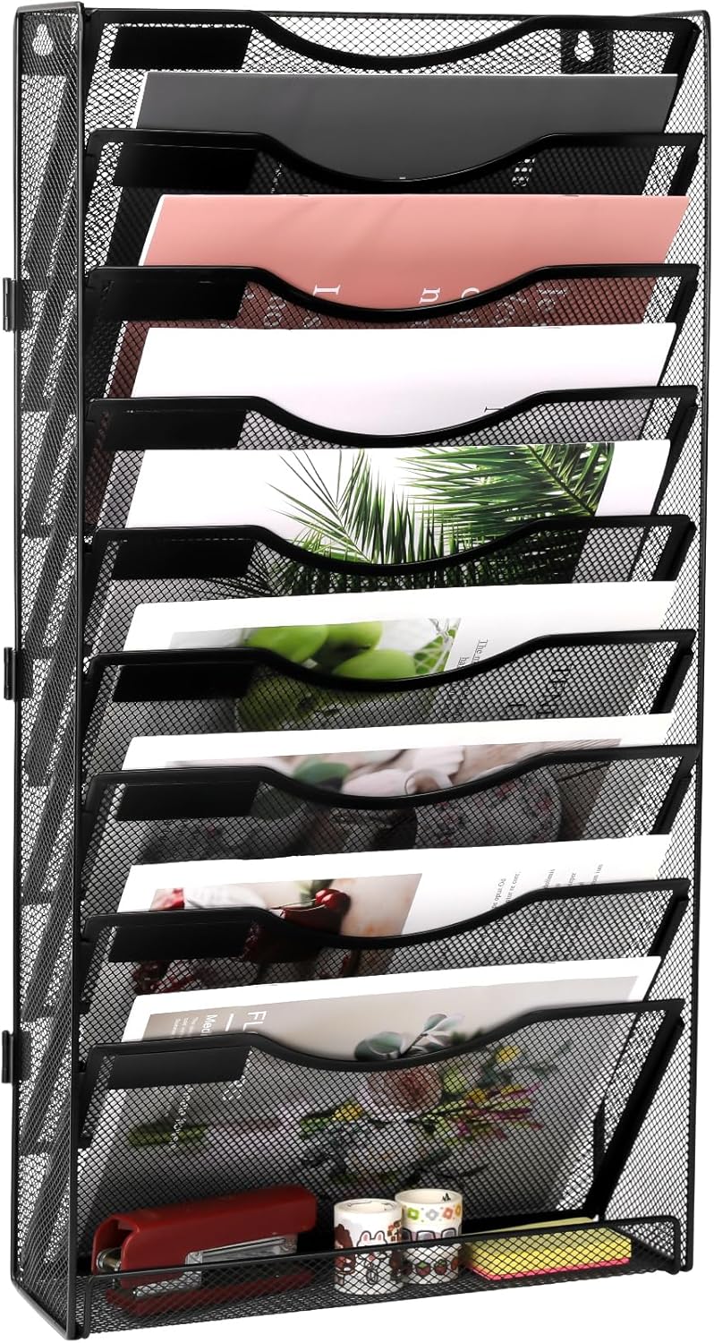 Wall File Holder Organizer 10 Tier Mesh Hanging Wall Mounted Document Paper Folder Filing Magazine Rack with Nametag Label for Office Home School, Black