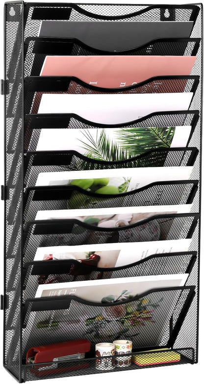 Wall File Holder Organizer 10 Tier Mesh Hanging Wall Mounted Document Paper Folder Filing Magazine Rack with Nametag Label for Office Home School, Black