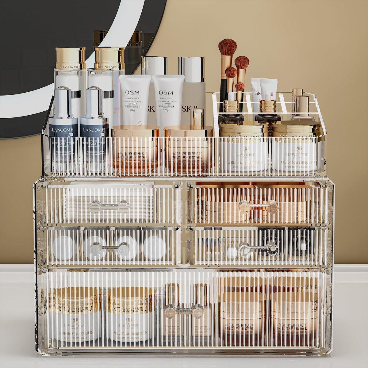 Stackable Organizer, Acrylic Cosmetic Organizer for Dresser, Vanity, Kitchen Cabinet, Bathroom, Under Sink, Home Organization and Storage (1 Top 5 Drawers)