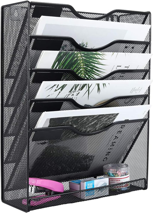 5-Tier Wall File Holder, Mesh Hanging Folder Organizer with Classify Label, Versatile Desk File Organizer for Office Home, Space-Saving Vertical Wall Mounted Mail Paper Sorter, Black