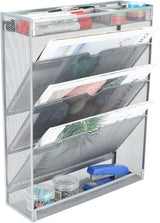 Mesh Wall File Holder 3 Tier Vertical Mount Hanging Organizer with Bottom Flat Tray and 3 Compartments Accessories Organizer, Silver