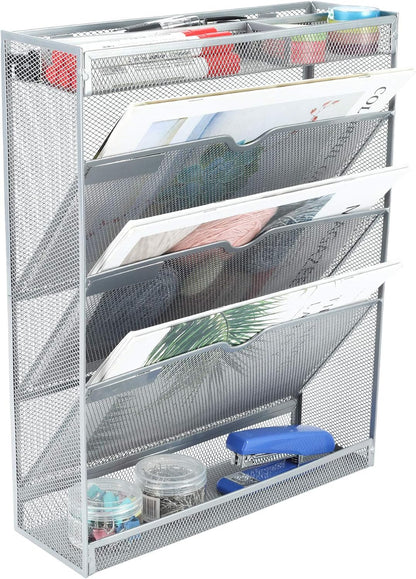Mesh Wall File Holder 3 Tier Vertical Mount Hanging Organizer with Bottom Flat Tray and 3 Compartments Accessories Organizer, Silver