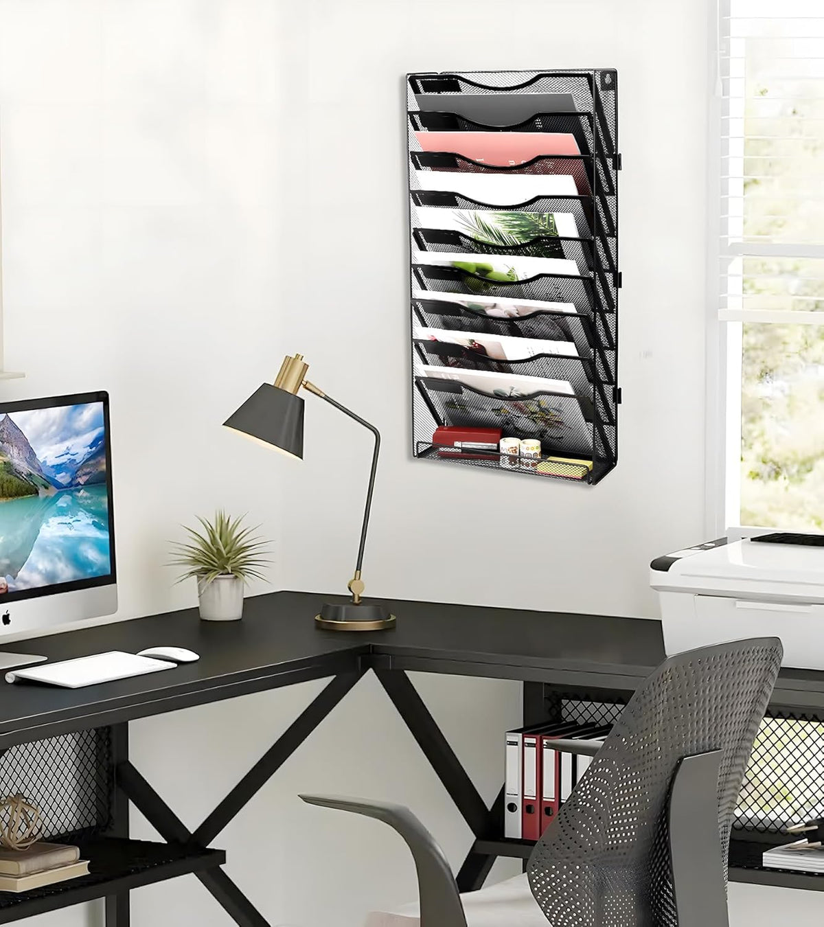 Wall File Holder Organizer 10 Tier Mesh Hanging Wall Mounted Document Paper Folder Filing Magazine Rack with Nametag Label for Office Home School, Black
