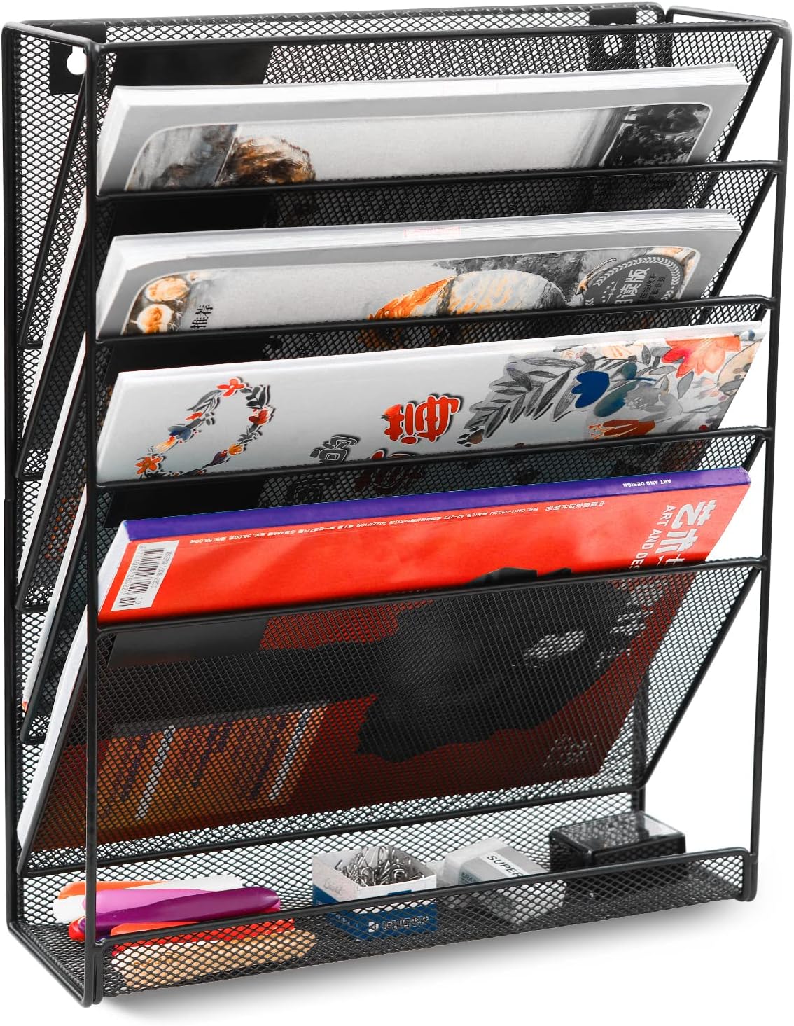 Wall File Holder 5 Tier Vertical Hanging File Organizer Wall Mount Paper Folder Rack with Bottom Flat Tray for Office and Home, Black